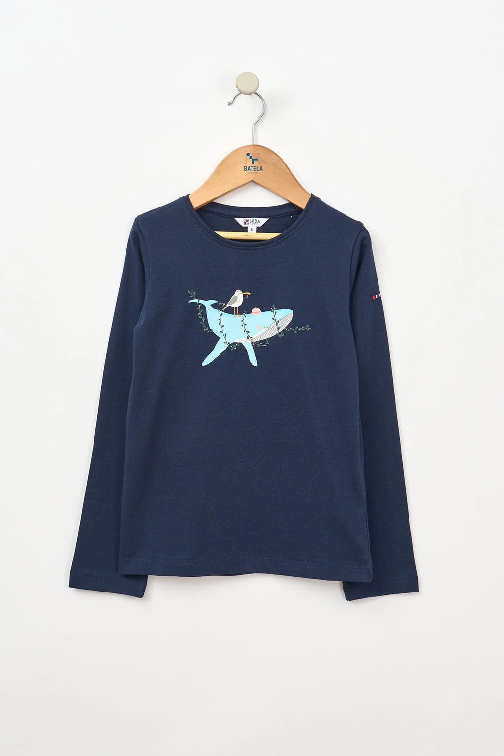 Camiseta algodón manga larga ballena y flores azul