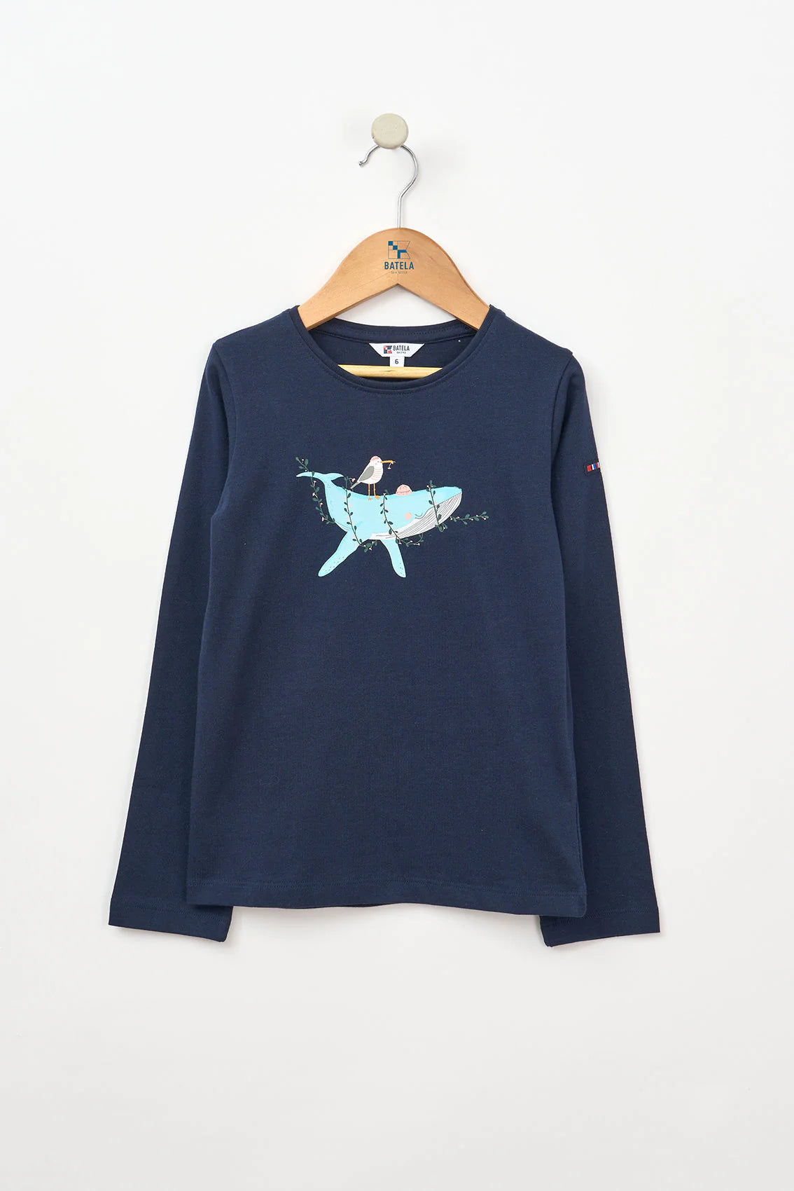 Camiseta algodón manga larga ballena y flores azul